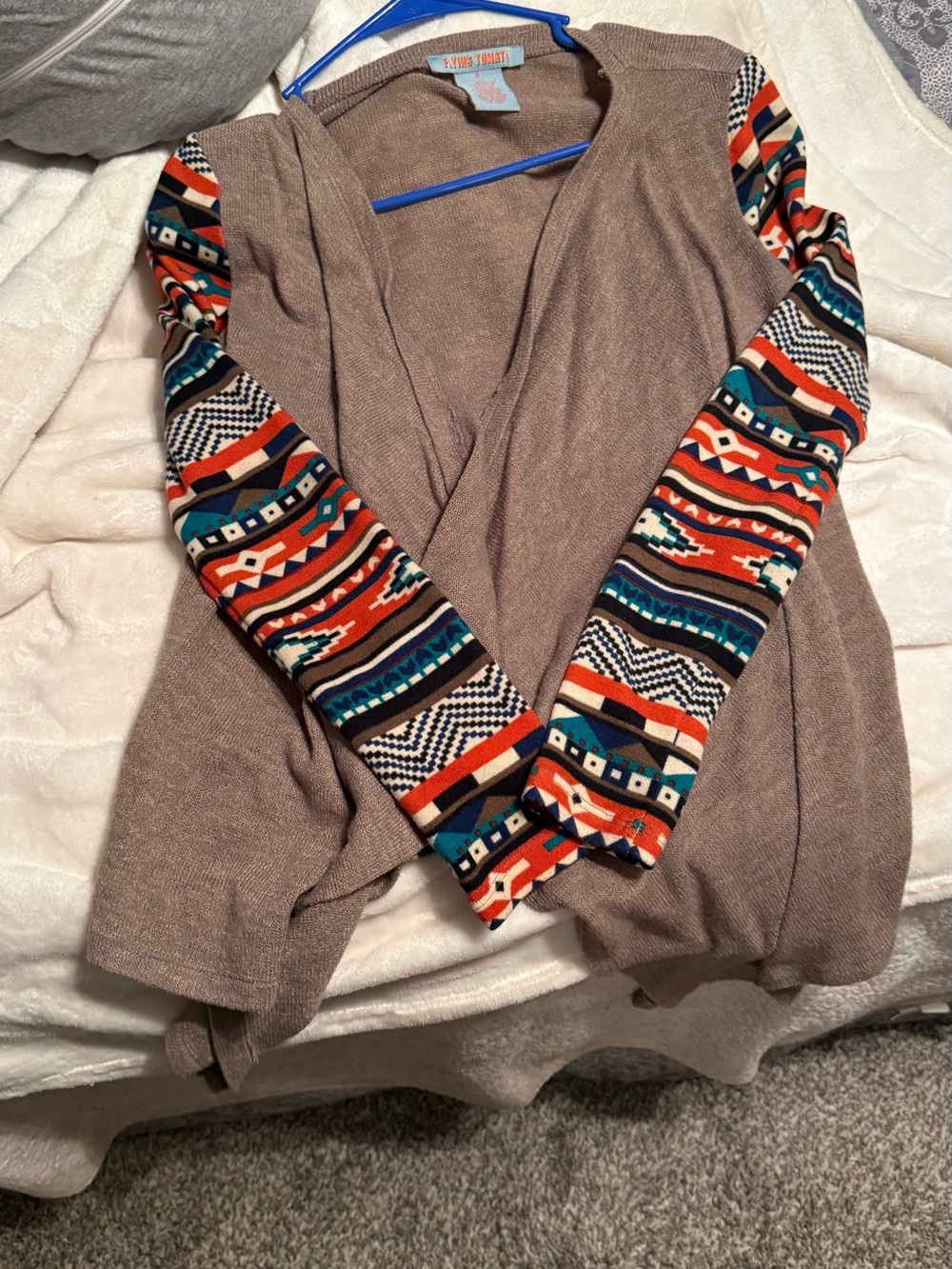 Flying Tomato Taupe Open-Front Cardigan with Patterned Tribal Sleeves